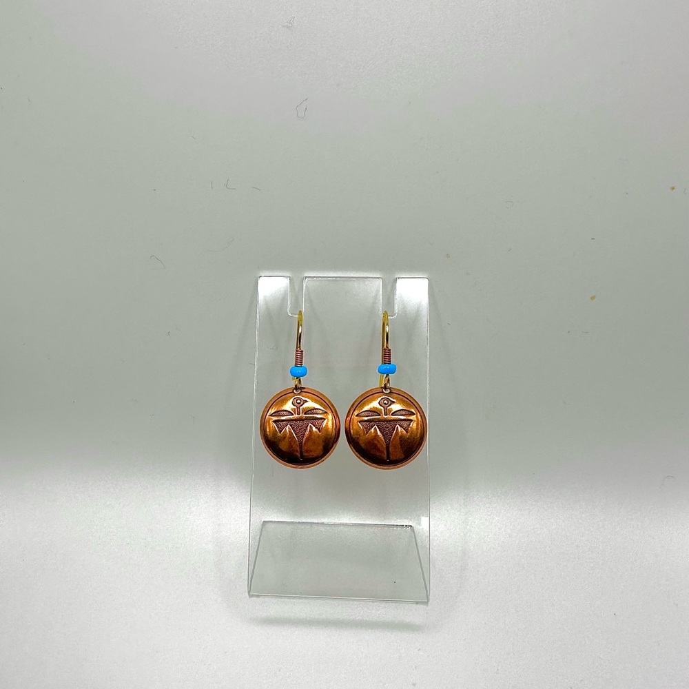 Joe Wilcox Copper Disc Earrings Thunderbird Turquoise Bead Sunburst Sedona